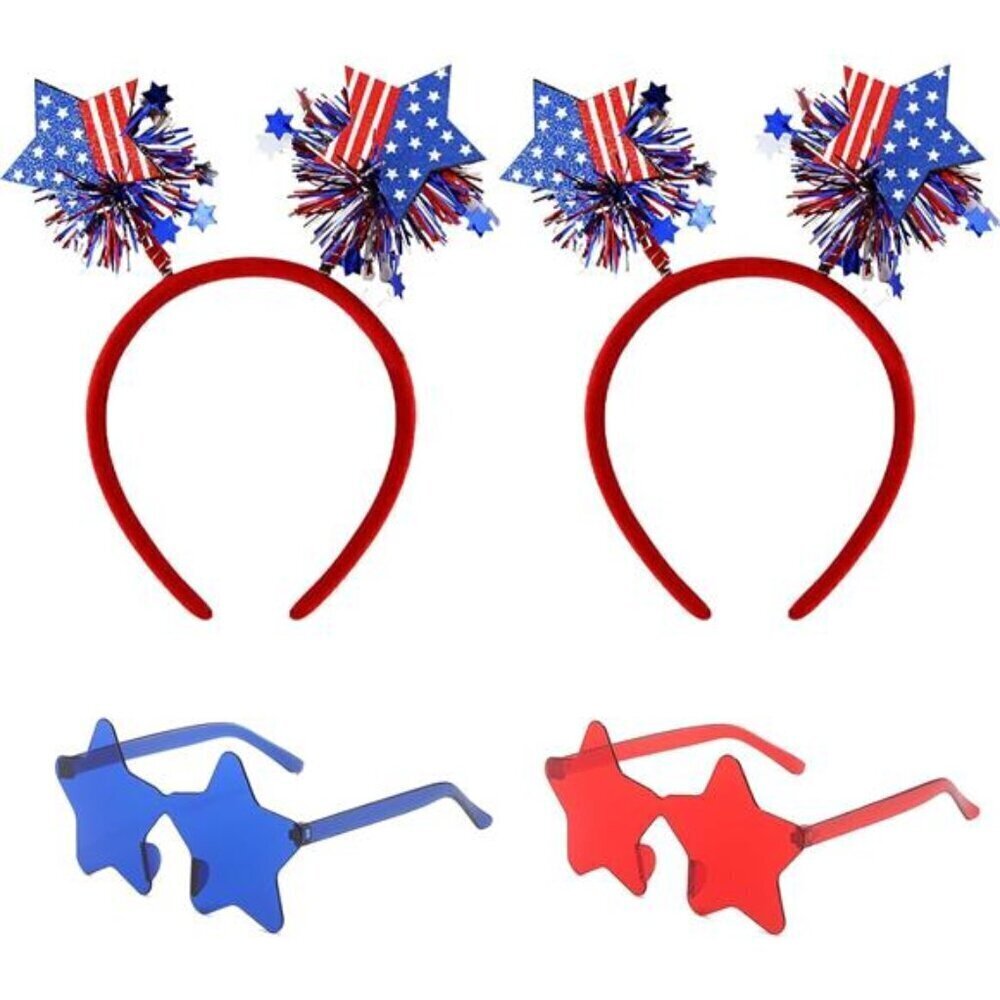 4 PCS Patriotic Accessories-2 Independence Day Headbands 2 Star Shaped glasses